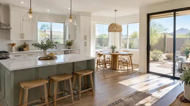 Bright family kitchen in a south Tempe home with a breakfast nook, new cabinets and a sliding door to a desert backyard
