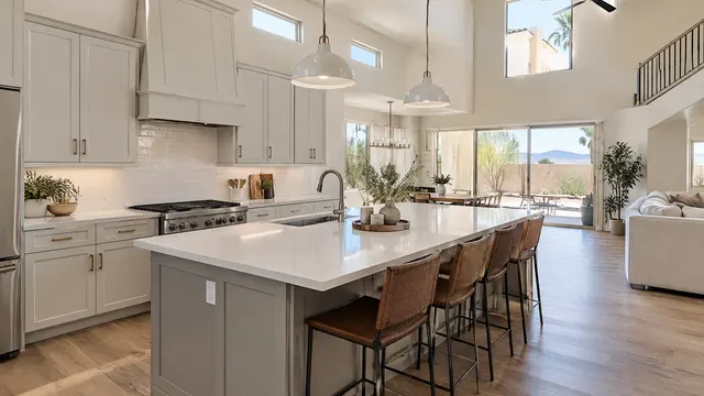 Updated kitchen in a two-story south Tempe stucco home: builder-grade oak cabinets replaced with painted cabinets, quartz counters and a big island