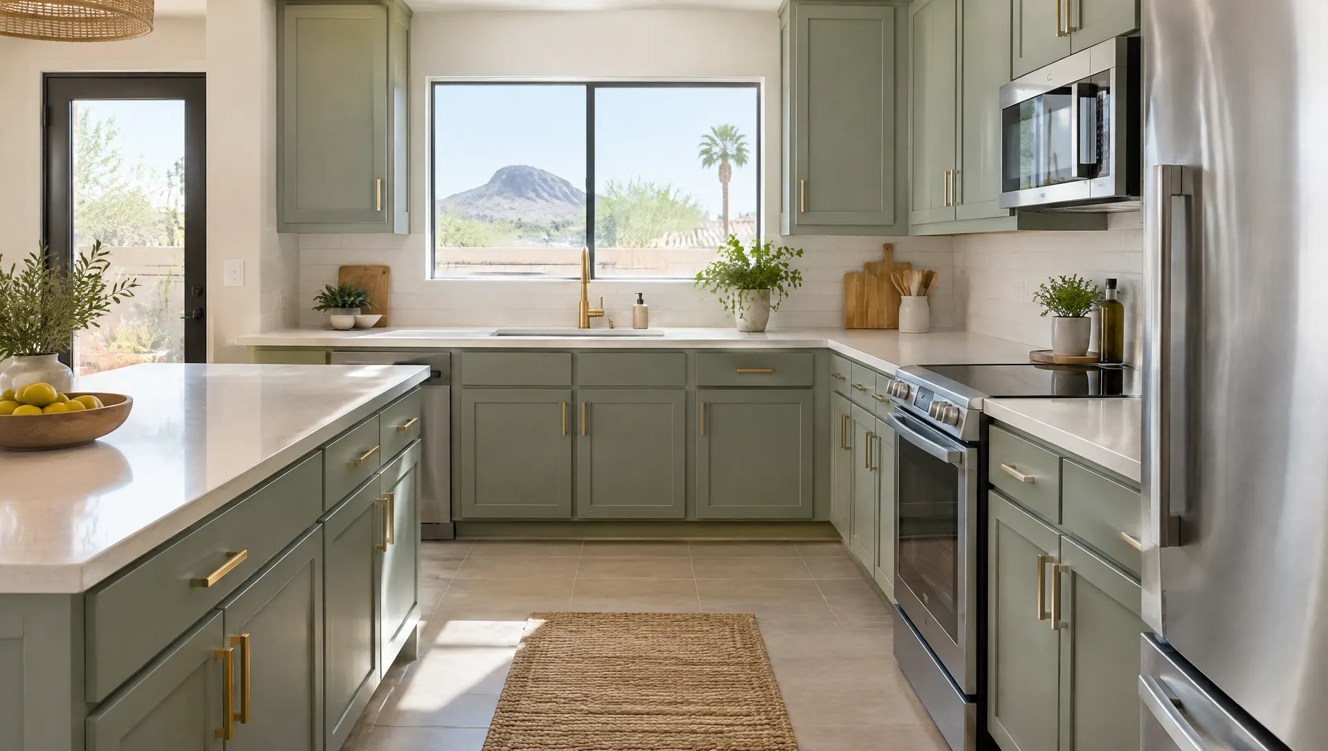 Kitchen with freshly painted sage green cabinets, new door fronts and brass hardware, original layout kept, bright and clean