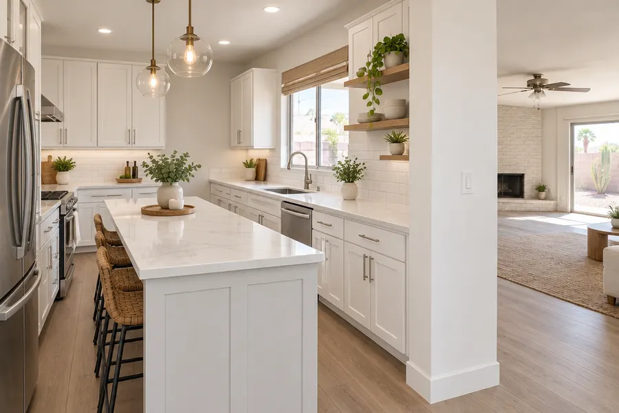 The same Tempe kitchen after a remodel: wall opened, white shaker cabinets, quartz countertops, island with pendants, tile backsplash and stainless appliances