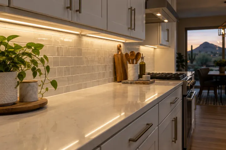 Under-cabinet LED lighting shining on a quartz countertop and tile backsplash in the evening