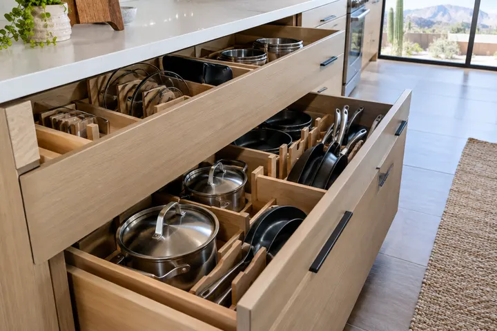 Open deep kitchen drawers with organized pots, pans and dividers in new cabinets