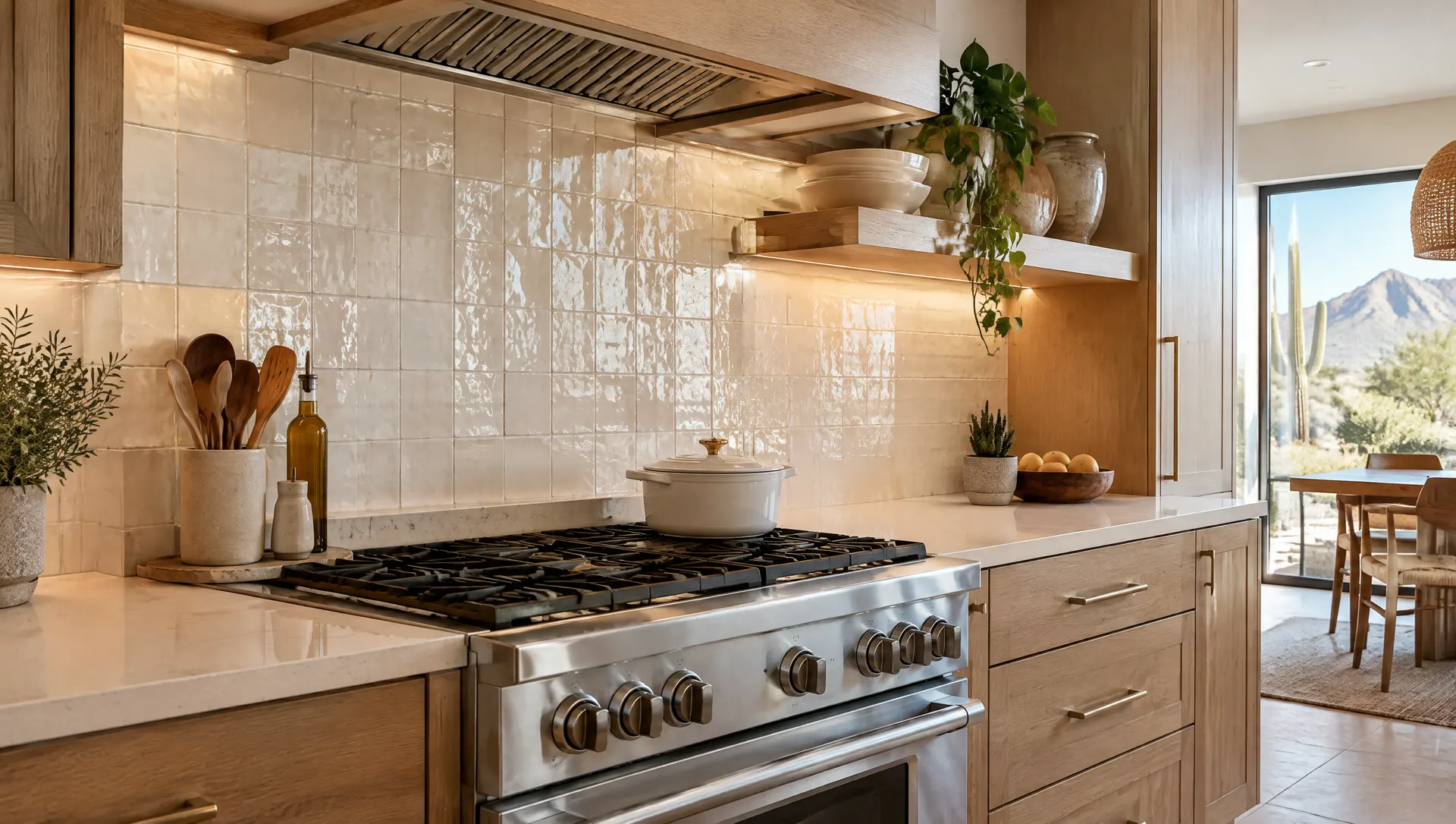 Handmade-look glossy tile backsplash in warm white running behind a range and up to a floating shelf, with under-cabinet lighting