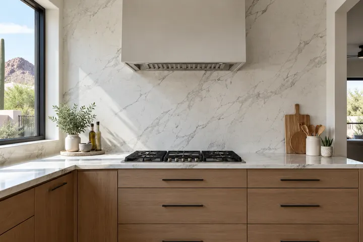 Full-height quartz slab backsplash matching the countertop behind a cooktop