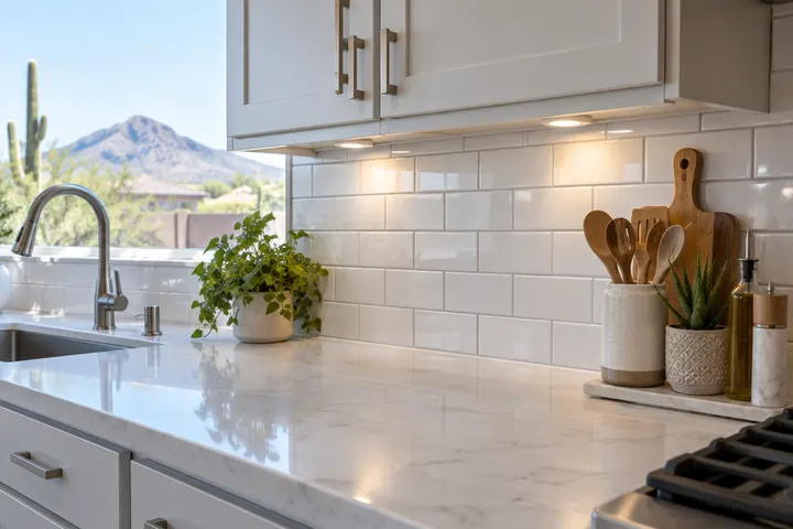 White subway tile backsplash with light gray grout and under-cabinet lights