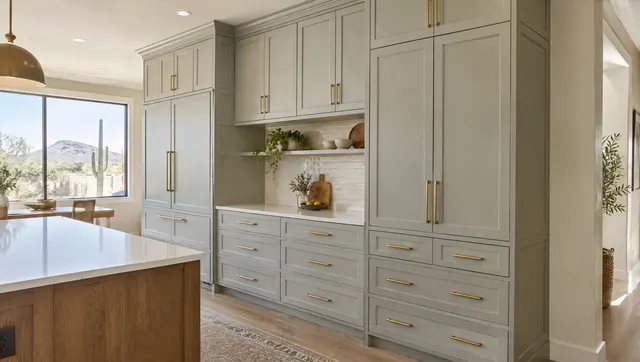 New full-height kitchen cabinets with soft-close drawers and slim brass pulls, crown molding to the ceiling, freshly installed