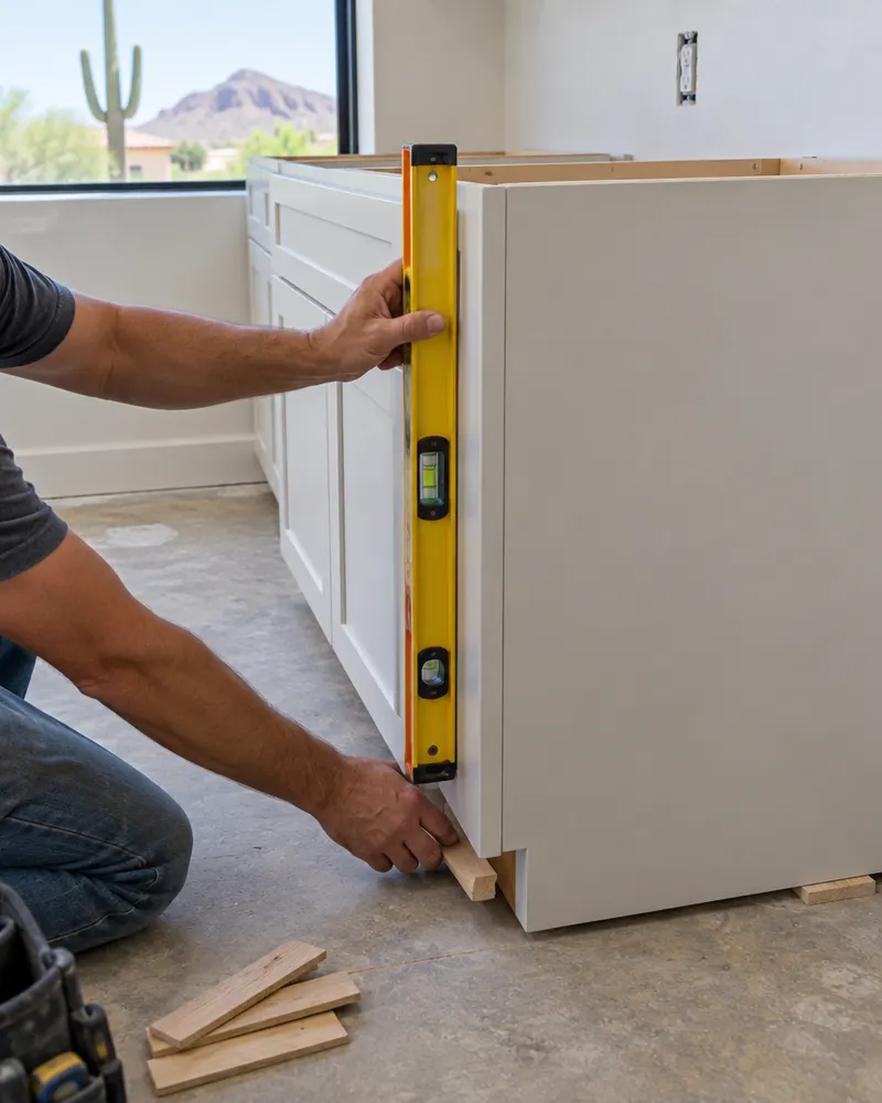 Installer's hands leveling a new base cabinet with a level and shims