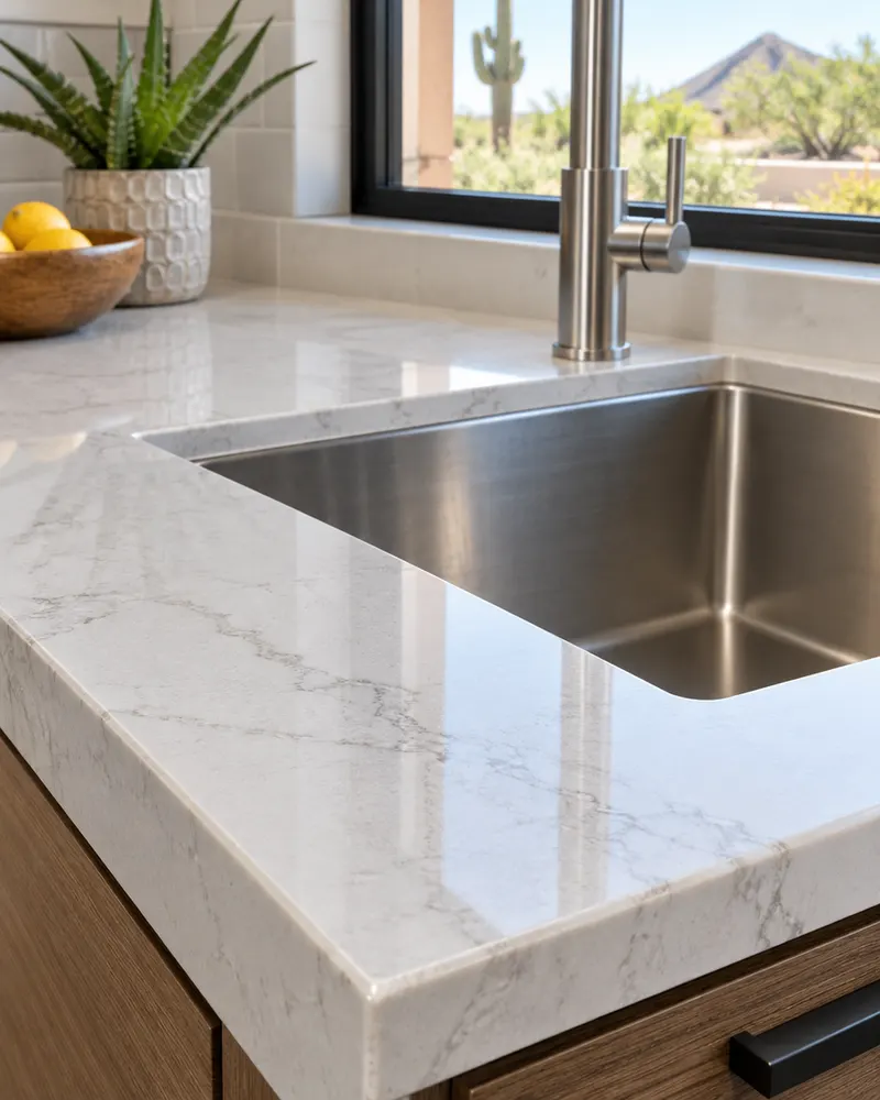 Close-up of a polished quartz countertop edge and undermount stainless sink