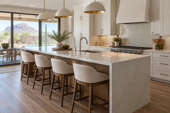 Island with an overhang and four stools on one side