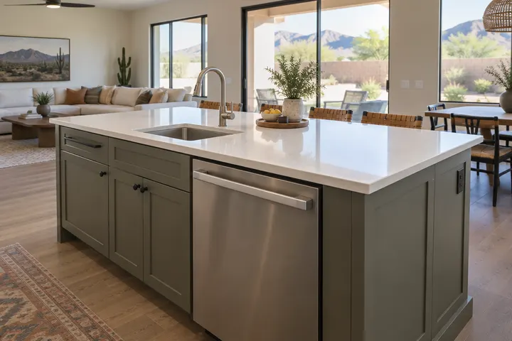 Kitchen island with a prep sink and dishwasher built in