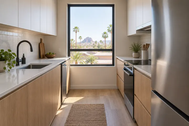 Small remodeled condo kitchen with handleless cabinets and compact appliances
