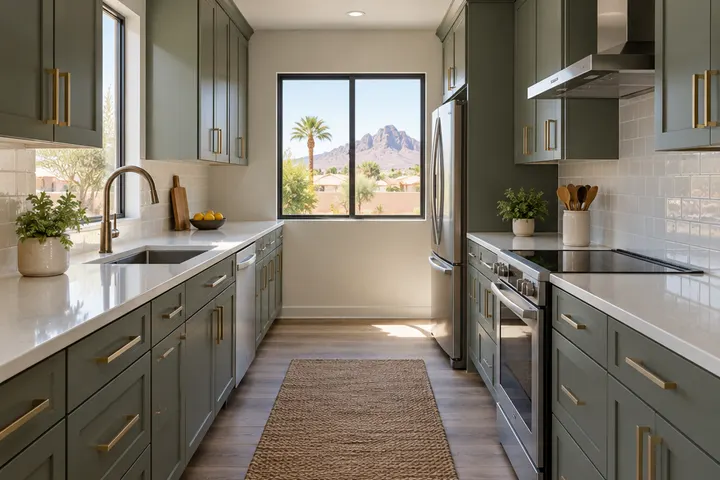 Remodeled galley kitchen with cabinets on both sides and a window at the end